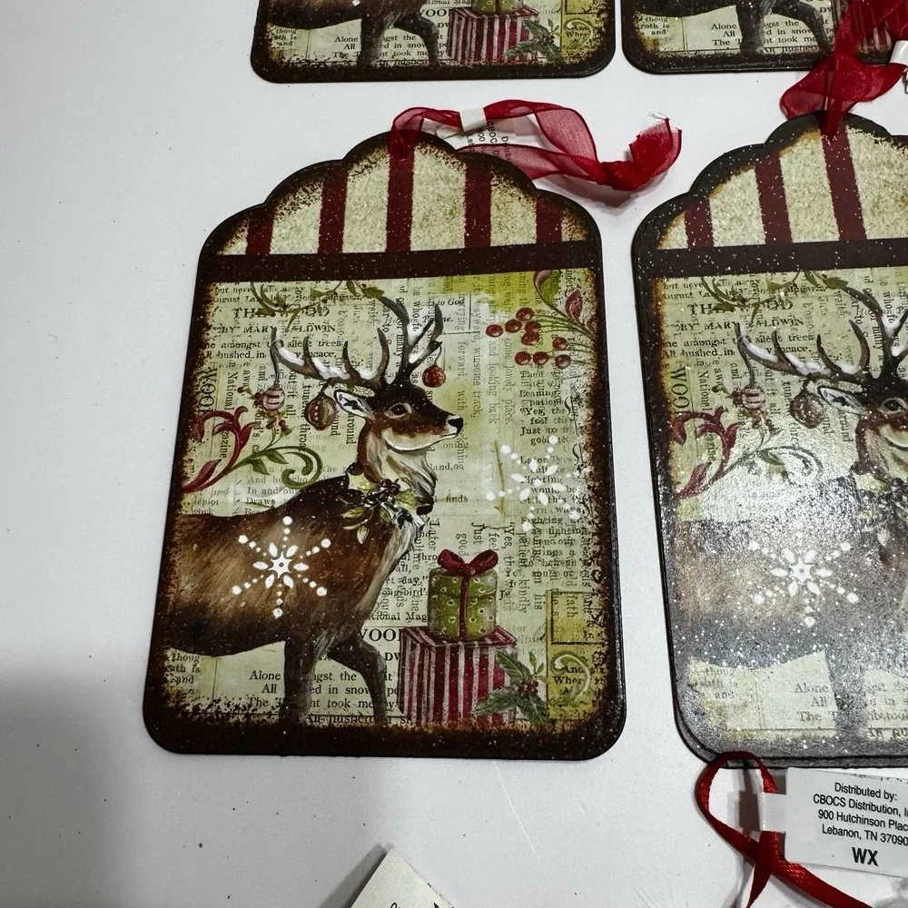 Lot Of 12 Vtg Style Retro Reindeer Gift Christmas Tree Tin Ornaments Poinsettia